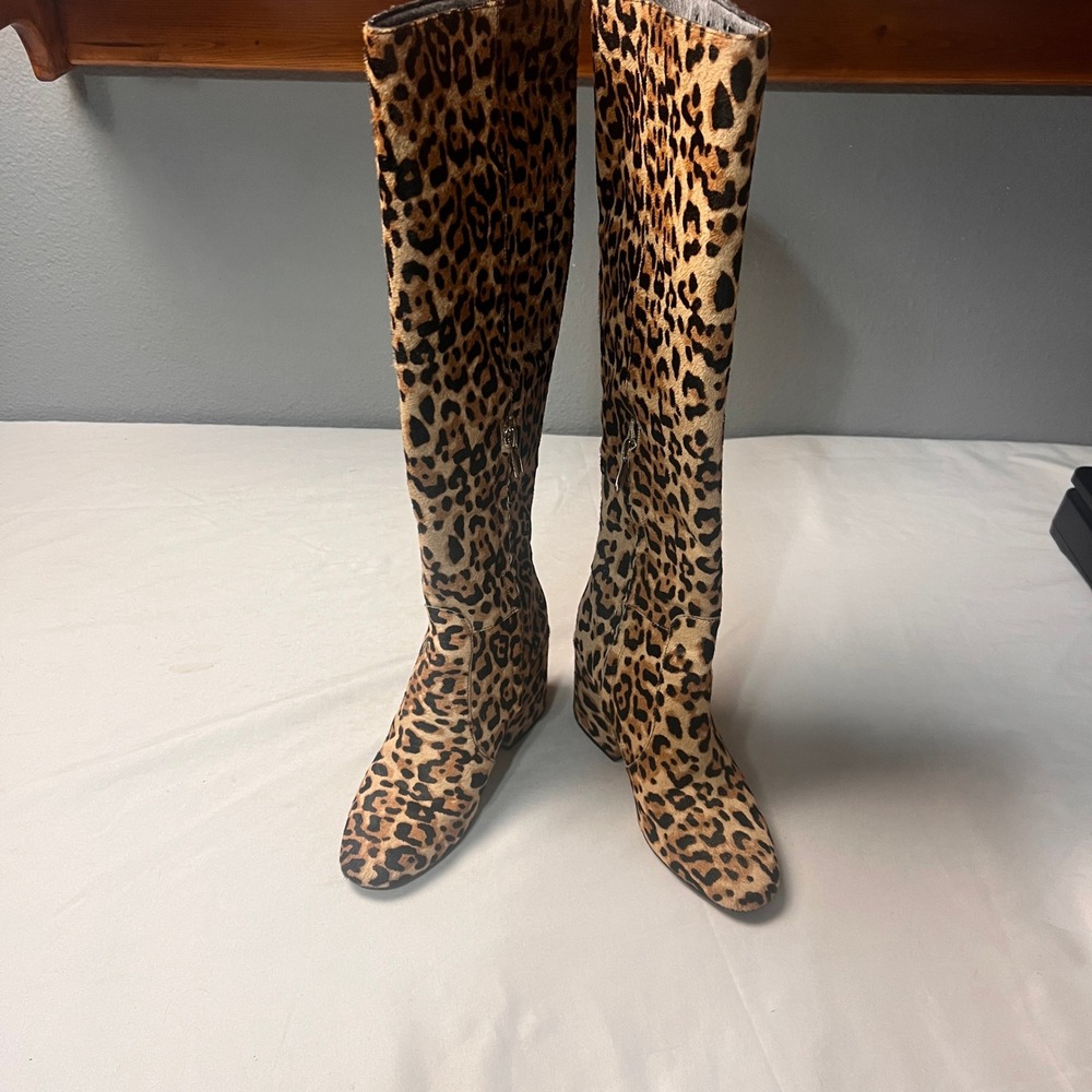Sam Edelman Leopard Cheetah Print Calf Hair Knee High Block Heel Boots Womens 5